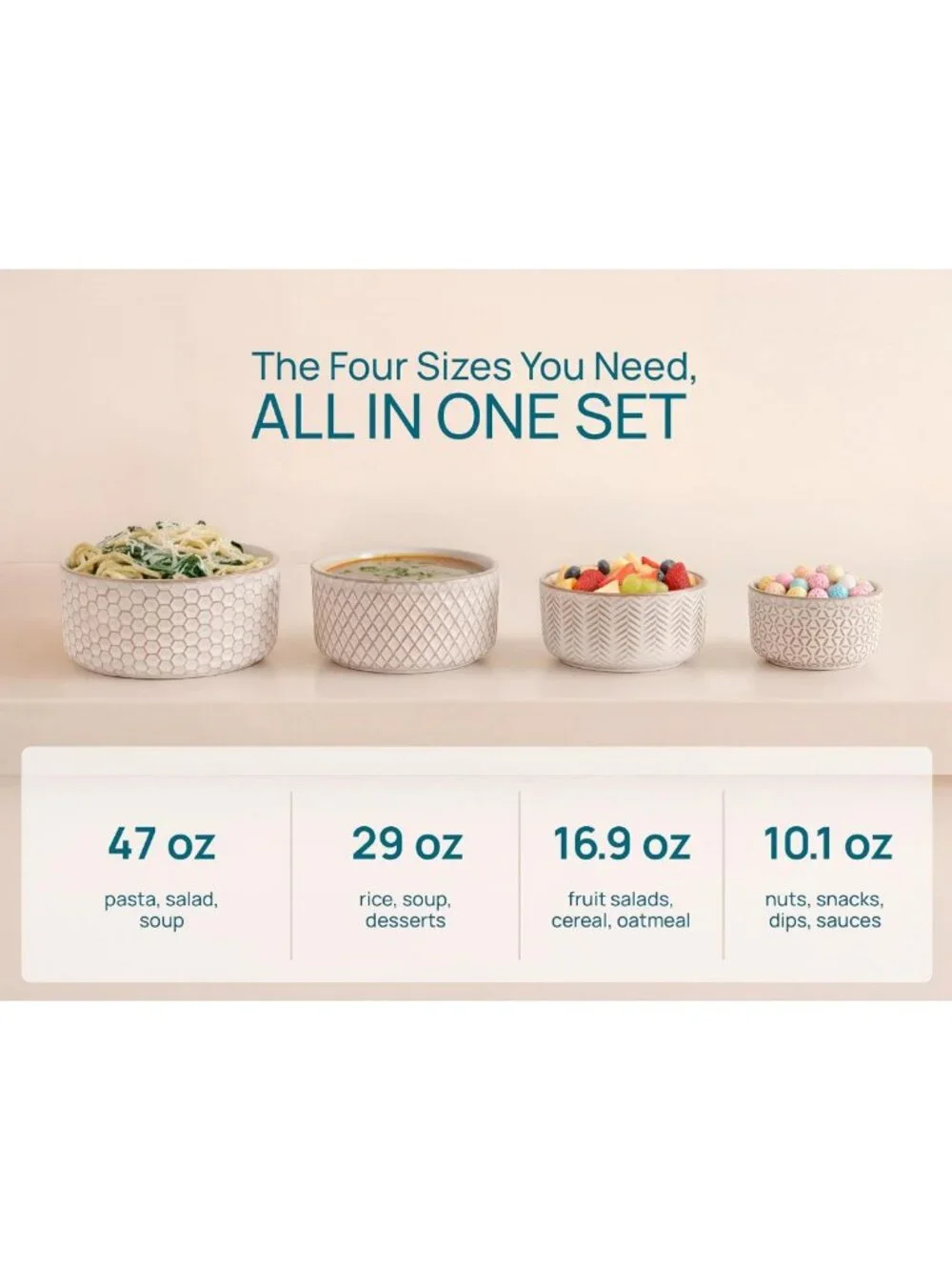 Set of 4 Ivory Ceramic Nesting Bowls with Lids - Embossed Stoneware Kitchenware